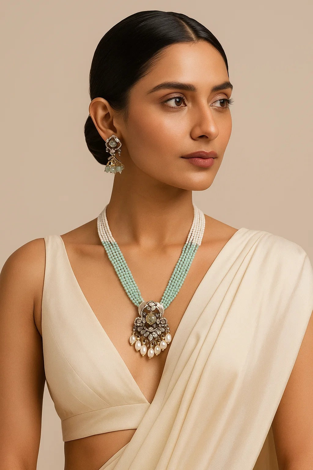 Mint Green Pearl Kundan Necklace Set